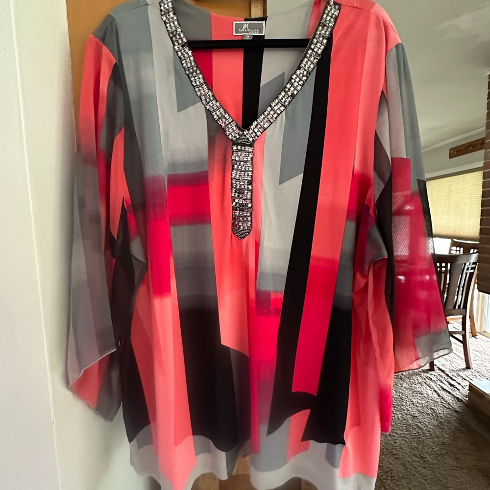 JM Collection Pink and Gray Blouse with Embellished V-Neck
